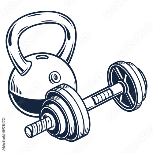 A vector graphic illustration of a kettlebell and dumbbell for fitness and exercise