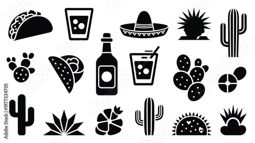 Black silhouette icons of traditional mexican elements including tacos tequila shots cacti and agave against a clean white background