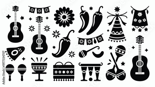 Vibrant silhouette icon set celebrating festive mexican culture with traditional instruments chili peppers sombrero maracas and decorative elements in a clean grid style