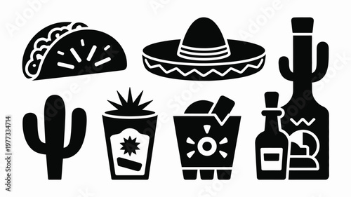 Modern flat silhouettes of mexican cultural symbols including a sombrero taco cactus tequila bottle margarita glass and maracas