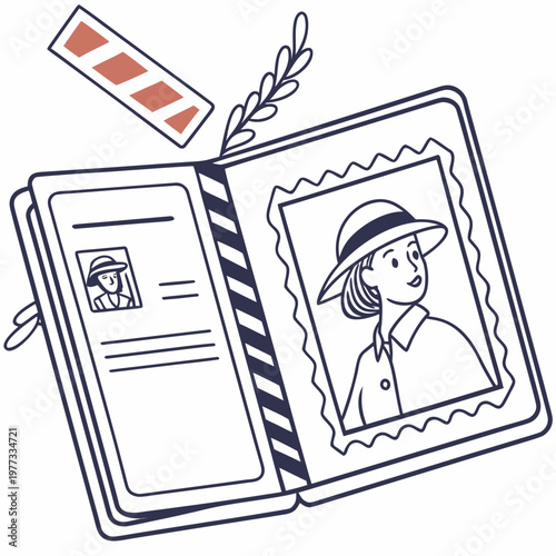 A minimalist vector illustration of an open passport with a woman's portrait and a clasp
