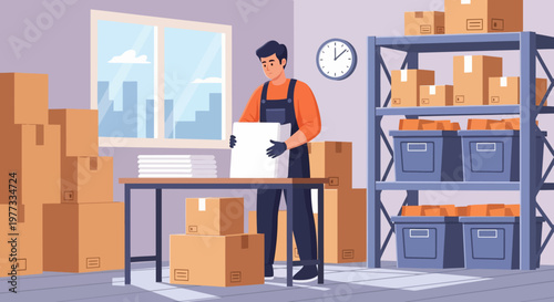 Warehouse Worker Scanning Boxes on Table.