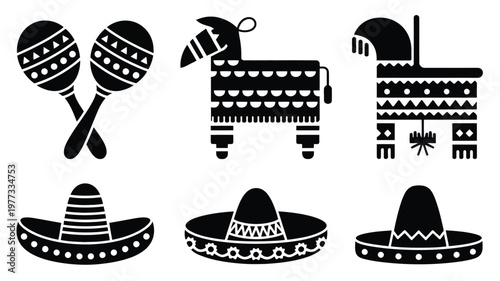Stylish black silhouette icons featuring sombreros maracas piata and cactus in a bold minimalist design