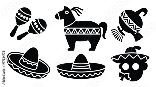 Stylish black and white silhouette icons showcasing a maraca horse sombrero skull and cactus in a minimalist mexican cultural theme