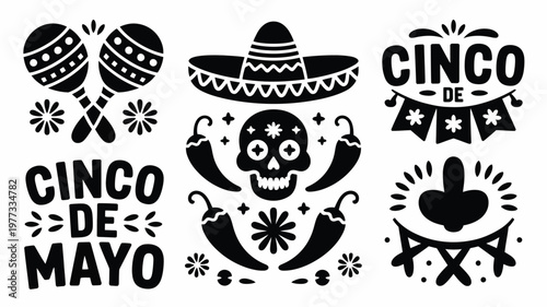 Festive cinco de mayo silhouette bundle featuring maracas sombrero chili peppers skull and banner designs in bold black and white style