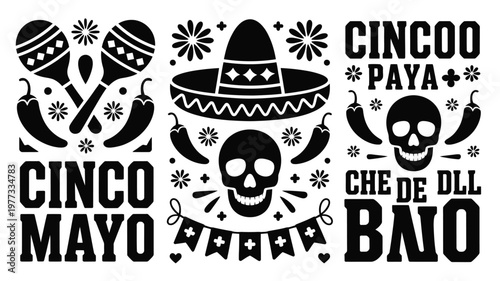 Modern black and white silhouette bundle celebrating cinco de mayo with festive skull sombrero chili peppers maracas and fireworks