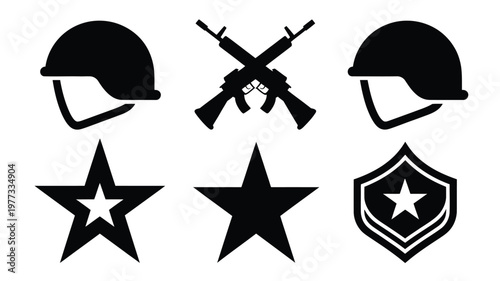 Military symbols including helmets rifles and stars in bold black vector illustrations for defense and security themes