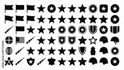 Black silhouette collection of military symbols stars shields badges and emblems for graphic design and insignia creation