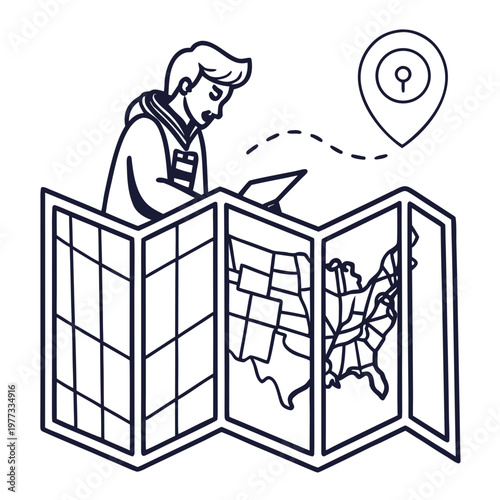 A man using a laptop to navigate a large folded map with a location pin