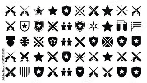 Military insignia and badges featuring crossed swords stars shields and emblems in a bold black and white design