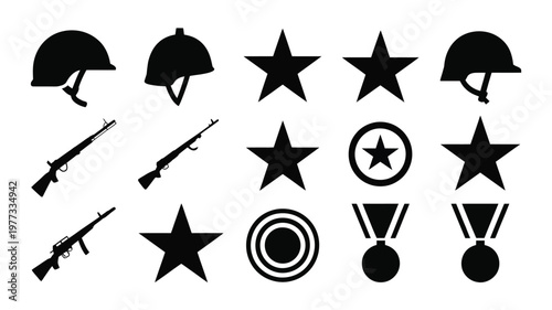 Military themed black silhouettes of helmets rifles stars medals and target symbols in a clean organized layout