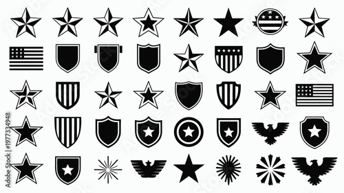 Black and white vector silhouette collection of stars shields and emblems with patriotic designs and bold outlines for graphic design projects