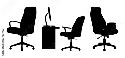 Home office chair set with solid black icon on white background featuring office furniture, seating, ergonomic design with vector and illustration