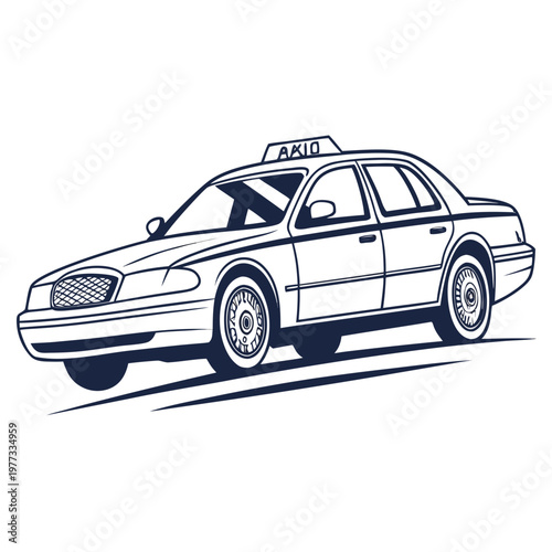 A black and white illustration of a taxi cab with a sleek design