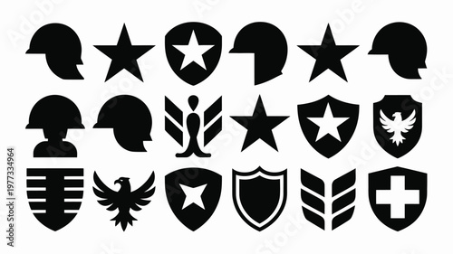 Collection of symmetrical military insignia silhouettes featuring helmets stars shields and emblems in minimalist black and white design