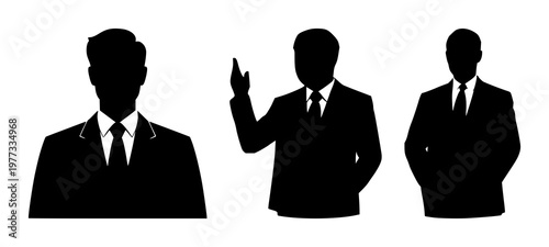 Executive manager icon set with solid black figure on white background featuring management, leadership, corporate symbols with minimalist and silhouette