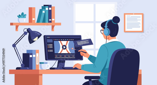 Woman Editing Video on Computer at Desk.