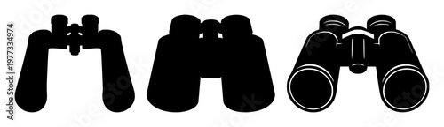 Binoculars set with a solid black icon design featuring binoculars, vision, icons with simple line art and monochrome with bold geometry and clean shape
