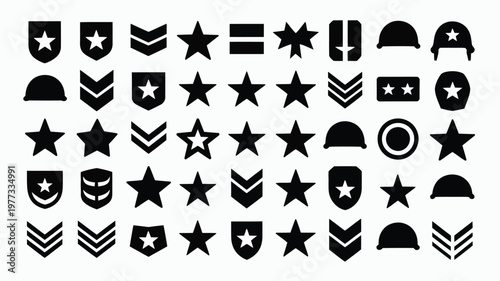 Military insignia collection featuring stars chevrons stripes and helmets in bold black silhouettes for design projects