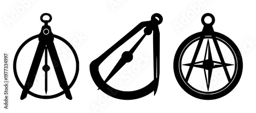 Mathematical compass icon set with solid black illustration against white background featuring compass, geometry, angle with vector and illustration