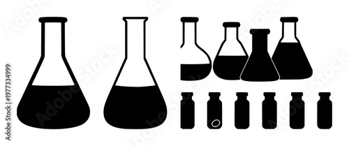 Laboratory flask icon set with solid black shapes featuring scientific, chemical, medical with experiment and research