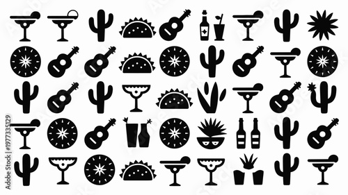 Black and white icons of cacti guitars margaritas tacos and agave plants arranged in a large festive grid celebrating mexican culture and cinco de mayo themes