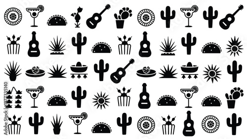 Festive black and white grid of cinco de mayo icons including cacti guitars tacos margaritas and sombreros for cultural celebrations