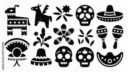 Mexican themed silhouette icon set featuring skulls maracas sombreros cactus and festive patterns in a minimalist style