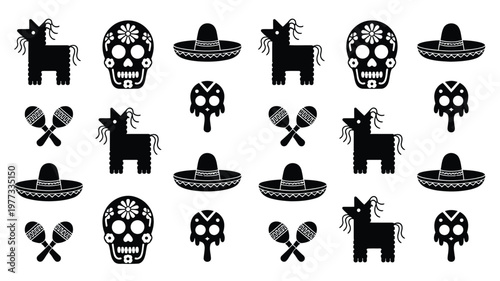 Black and white vector illustrations of day of the dead symbols including skulls horses and maracas for cultural themes