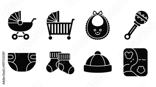 A collection of simple black silhouette icons depicting baby items like strollers bibs diapers and toys high quality professional detailed modern