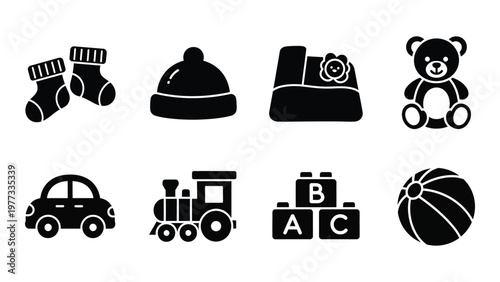 A collection of monochrome icons depicts various baby and childhood items including toys clothing and accessories high quality professional detailed modern