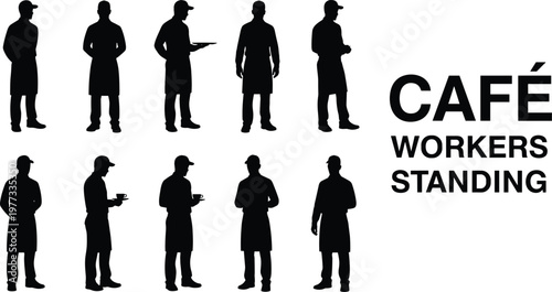 Café worker silhouettes, staff standing icons, barista vector design, restaurant employee graphic, service industry illustration, waiter waitress symbol, hospitality team art