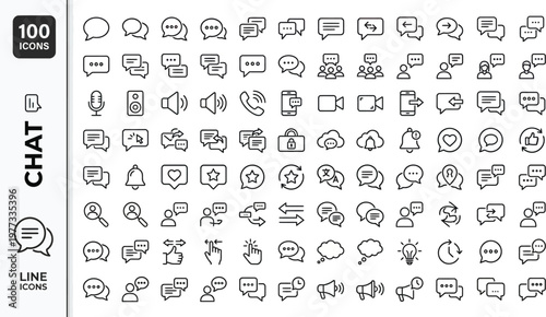 A collection of 100 chat and line icons in a simple black line style on a white background, featuring various communication and messaging symbols. Ai, eps, jpg, transparent background, png