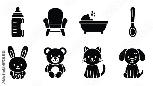 A collection of black silhouette icons depicting baby essentials including toys furniture and feeding items high quality professional detailed modern elegant
