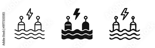 Warning Buoys in Water with Lightning Icon Set - Outline, Solid, and Sketch Styles