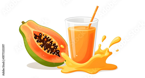 papaya illustration splash, papaya fruit illustration, tropical fruit illustration, exotic fruit illustration, juicy papaya illustration, papaya juice illustration, juice splash illustration, water sp