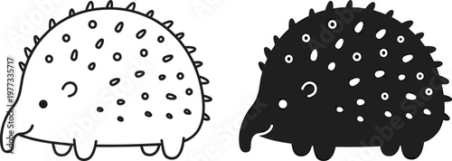 Tableau sur toile Cartoon hedgehog silhouette, cute animal illustration, black and white design, p