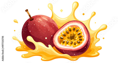 passionfruit illustration splash, passion fruit illustration, tropical fruit illustration, exotic fruit illustration, juicy passionfruit illustration, passionfruit juice illustration, juice splash ill