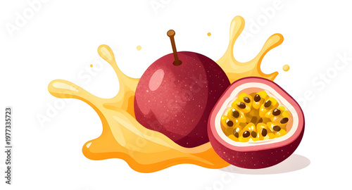 passionfruit illustration splash, passion fruit illustration, tropical fruit illustration, exotic fruit illustration, juicy passionfruit illustration, passionfruit juice illustration, juice splash ill
