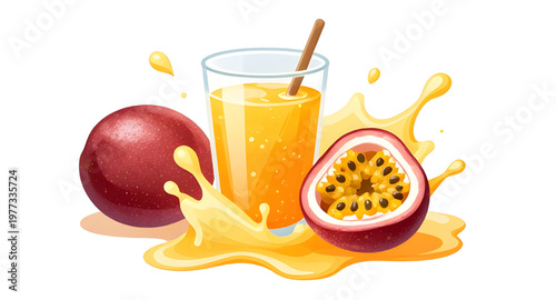 passionfruit illustration splash, passion fruit illustration, tropical fruit illustration, exotic fruit illustration, juicy passionfruit illustration, passionfruit juice illustration, juice splash ill