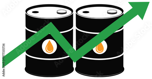 Oil, energy price increase concept with barrel and green arrow chart, rising market trend, fuel storage, petroleum industry, economic growth visualization, vector illustration for finance, trading, 