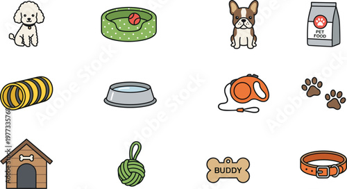 Cartoon poodle dog, French bulldog, pet food bag, dog bed, agility tunnel, leash, paw prints, dog house, rope toy illustration
