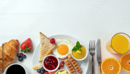 A white plate filled with a colorful breakfast spread croissant, two sausages, eggs and coffee. Ai