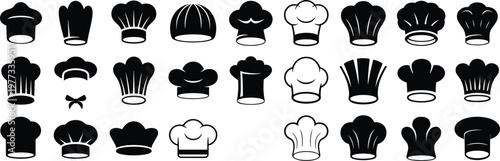 Chef hat silhouettes, culinary icon vector, cooking design illustration, kitchen staff symbol art, black gastronomy graphic, restaurant branding collection