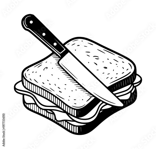 Black and white of a sandwich being cut by a knife, isolated white cutting food meal