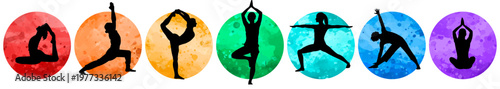 Yoga. Silhouettes of people practicing yoga. Vector illustration.