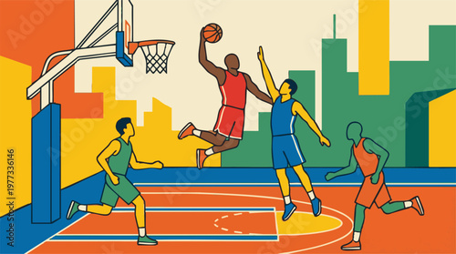Dynamic urban basketball game illustration with players on a court