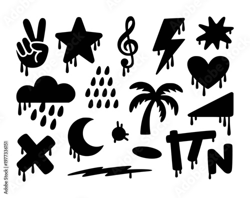 Black drip peace sign, star, heart, cloud, palm tree, lightning, music note, moon