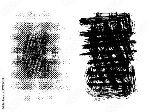 Black halftone dot pattern and textured brush stroke white background