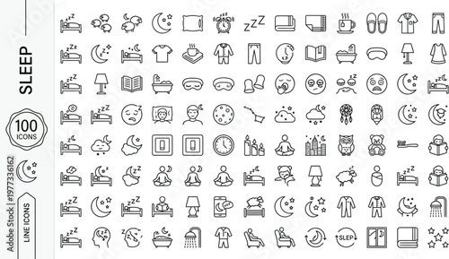 A collection of line icons related to sleep and rest, featuring various symbols and objects. Ai, eps, jpg, transparent background, png
